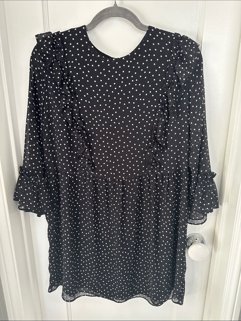 Topshop Black Polka Dot Ruffle Sleeve Dress - Women Size Petite 10